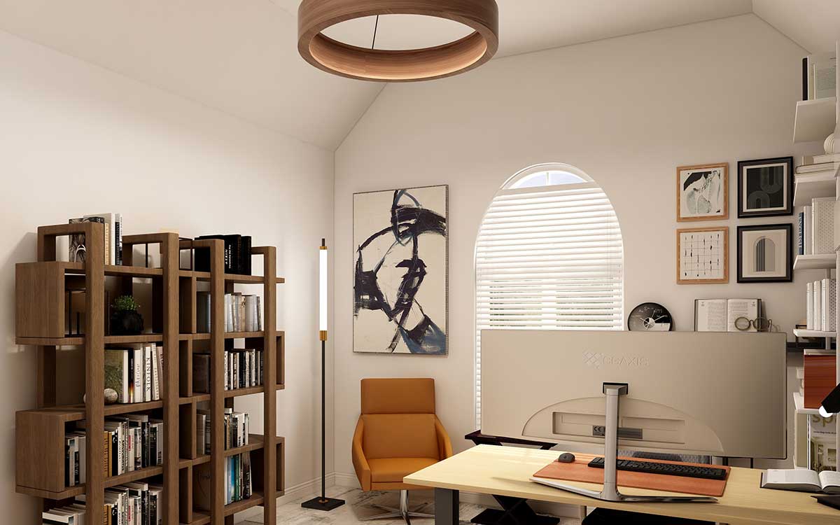 Desk set up and book case in home office extension