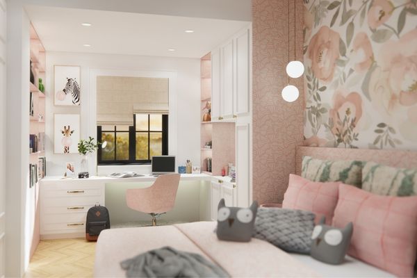 Calming blush pink bedroom. Accents of white and blush pink surround the desk area and a feature wall behind the bed consisting of pastel green and pink flower.